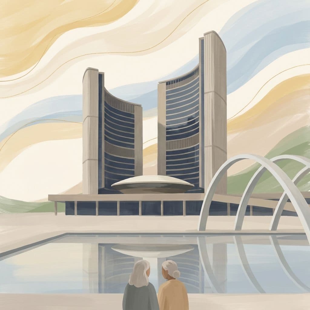 Illustration abstraite stylisée de la place Nathan-Phillips et du nouvel hôtel de ville de Toronto — les deux tours incurvées, la salle du conseil en forme de soucoupe et les arches au-dessus du bassin réfléchissant — dans le style pictural maison de Cleo.