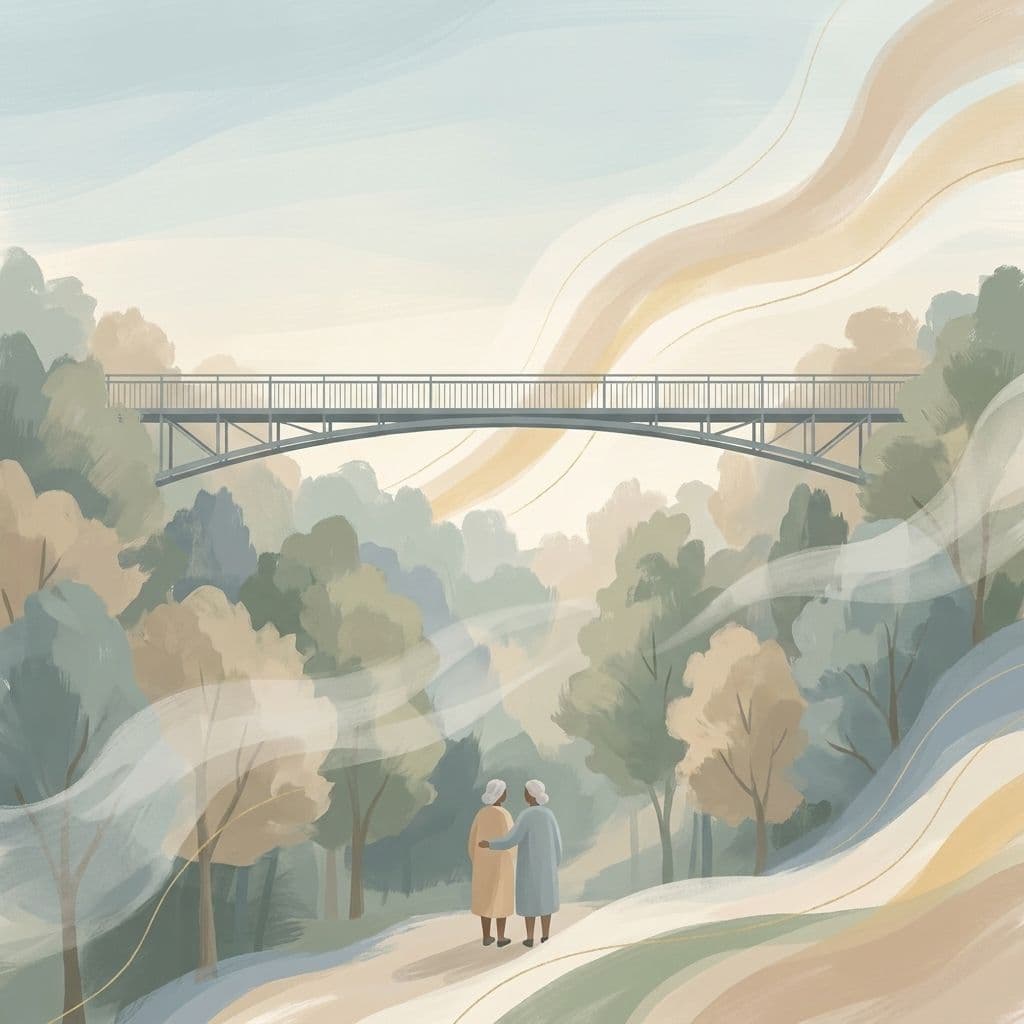 Stylized abstract illustration of the Glen Road pedestrian footbridge over the wooded Rosedale Valley ravine at dawn, in Cleo's painterly house style.
