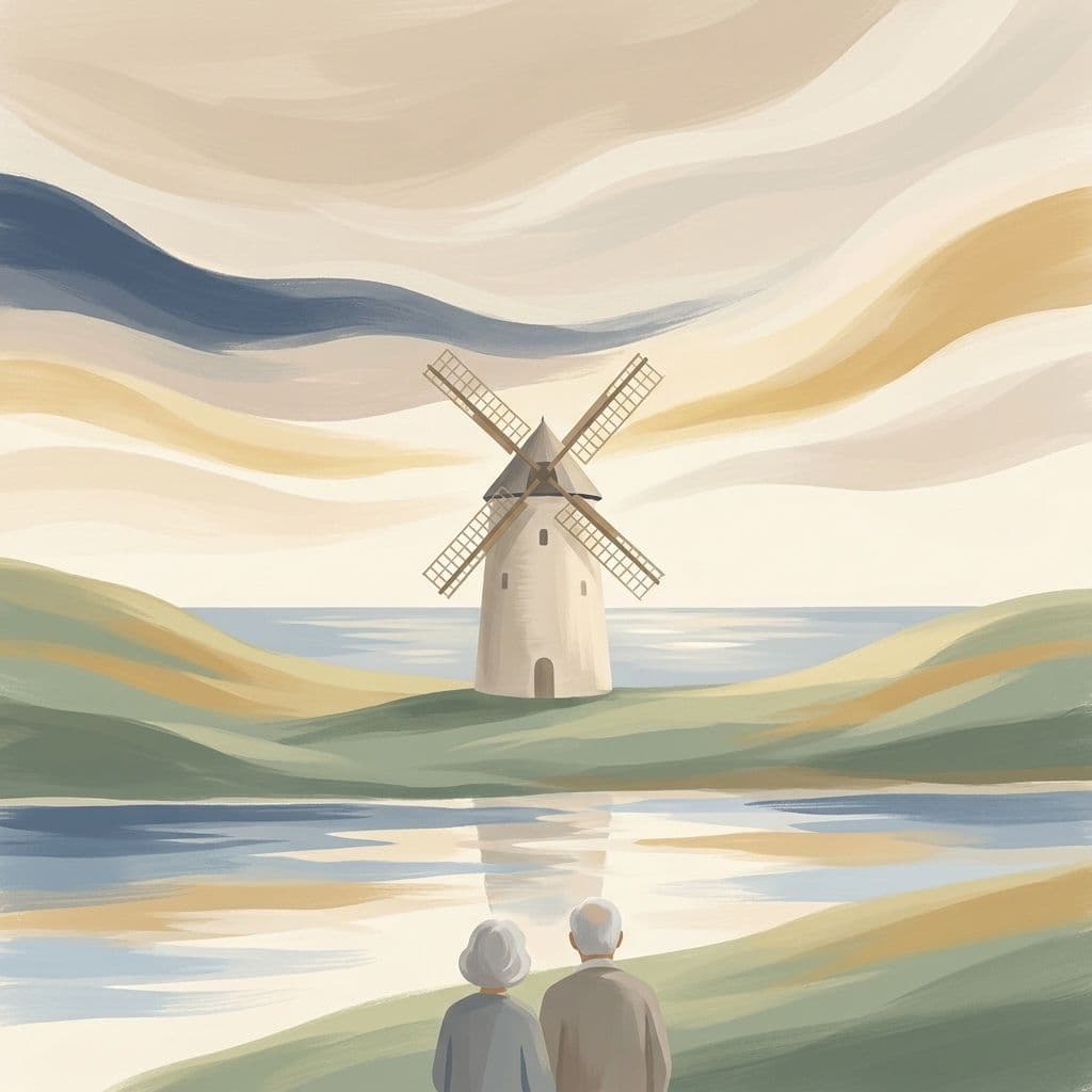 Stylized abstract illustration of the Fleming Mill, the historic windmill that is LaSalle's emblem, on the St. Lawrence riverfront at dawn, in Cleo's painterly house style.
