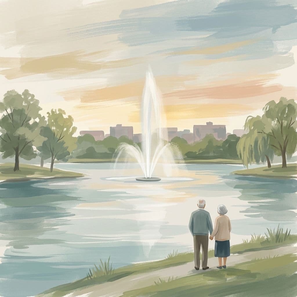 Stylized abstract illustration of Little Lake in Peterborough with its Centennial Fountain — a tall, soft plume of water rising from the calm lake beside Del Crary Park — rendered in Cleo's painterly house style.