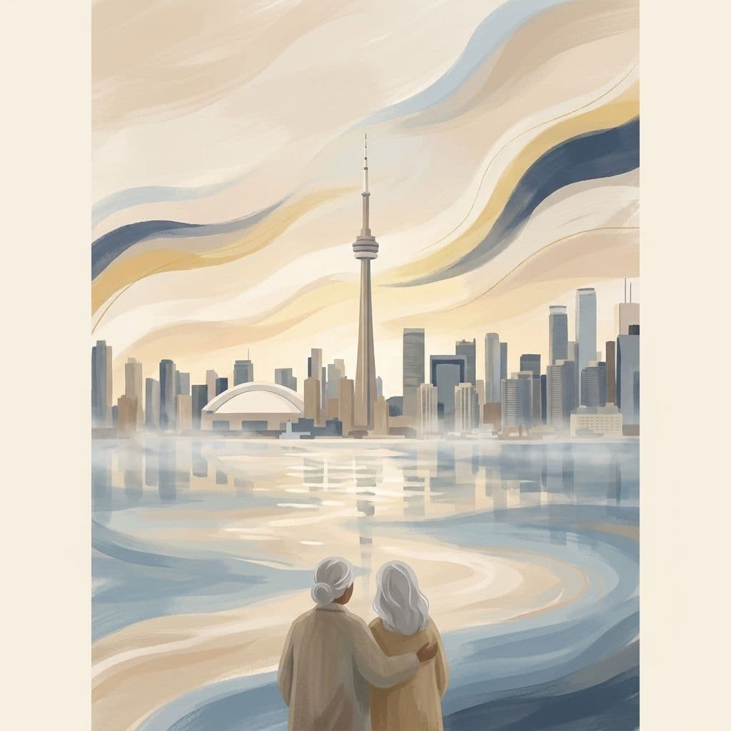 Stylized abstract illustration of the Toronto skyline and CN Tower over Lake Ontario at dawn, in Cleo's painterly house style.