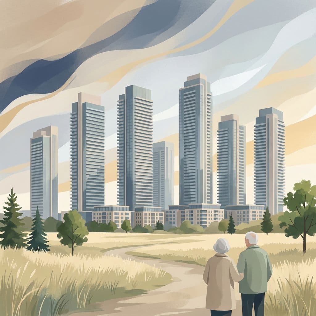 Stylized abstract illustration of the Vaughan Metropolitan Centre skyline — a cluster of tall modern condo towers of Vaughan's new downtown rising across an open green meadow — in Cleo's painterly house style.