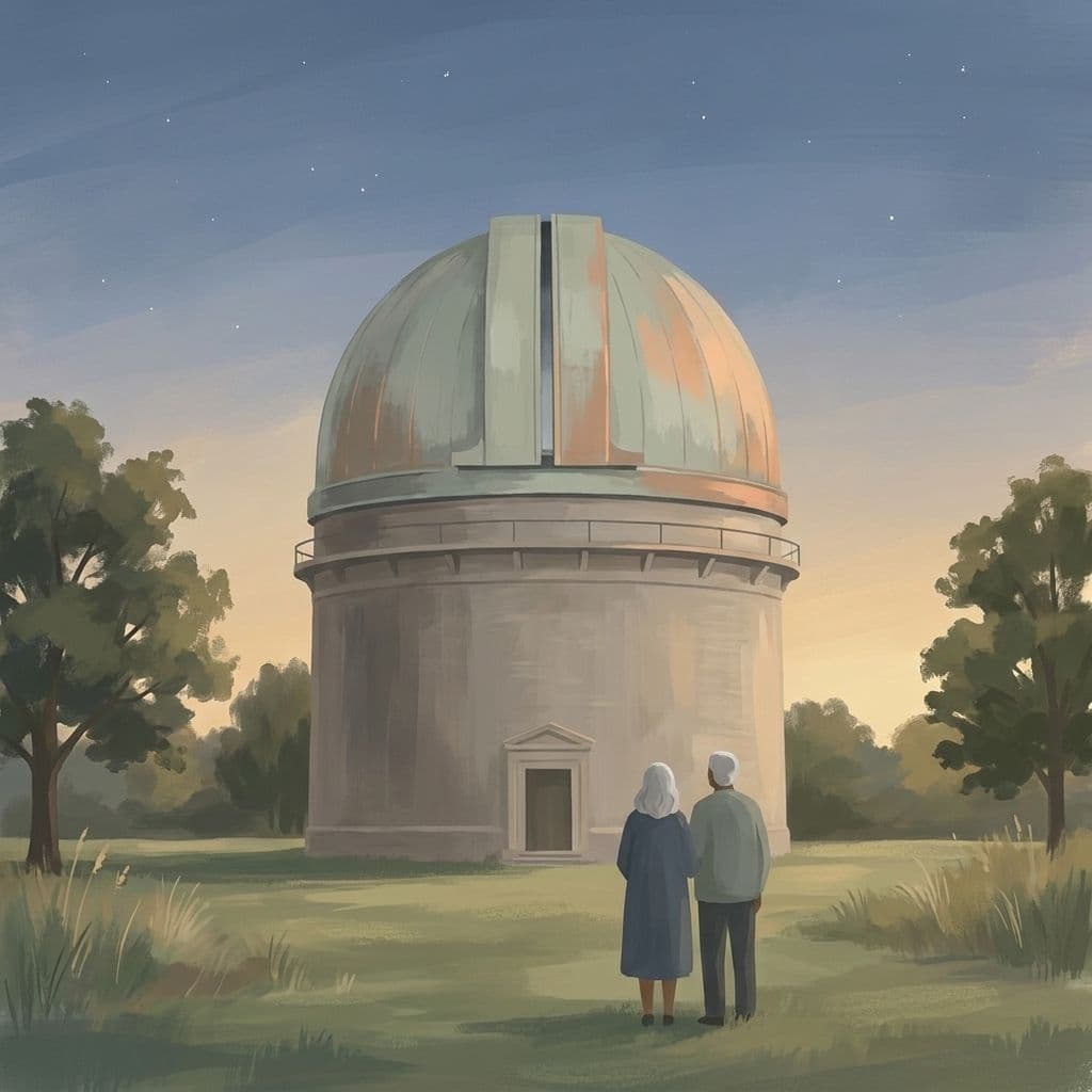 Illustration abstraite stylisée du dôme de cuivre de l'Observatoire David Dunlap sous un ciel crépusculaire à Richmond Hill, dans le style pictural maison de Cleo.