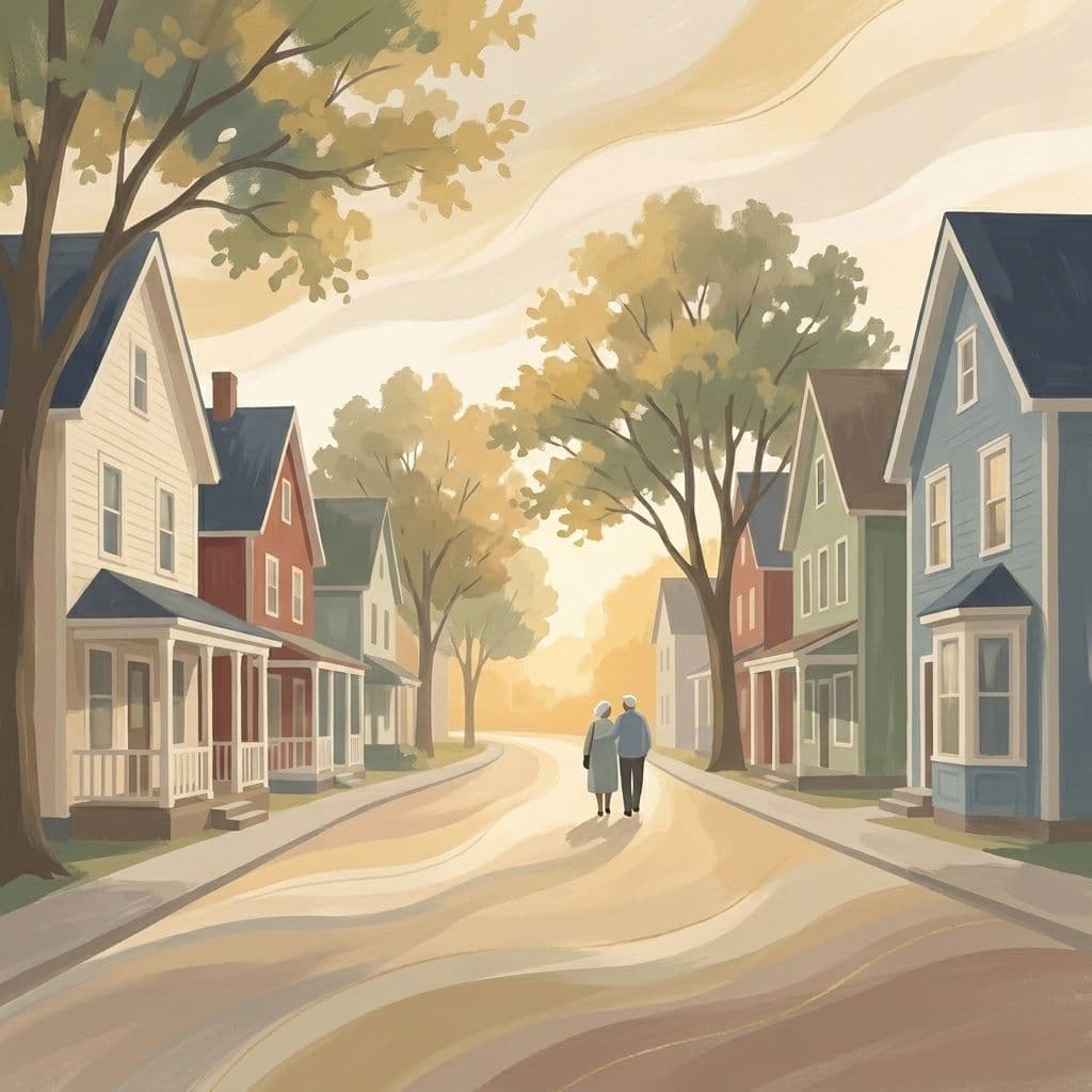 Stylized abstract illustration of a tree-lined street of historic heritage homes in Unionville, Markham, at golden hour, in Cleo's painterly house style.