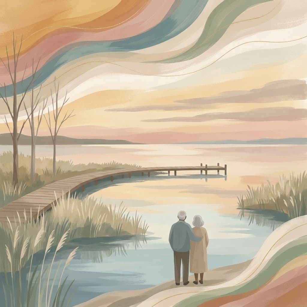 Stylized abstract illustration of the Frenchman's Bay waterfront in Pickering, Ontario — a calm sheltered lake bay at golden hour — in Cleo's painterly house style.