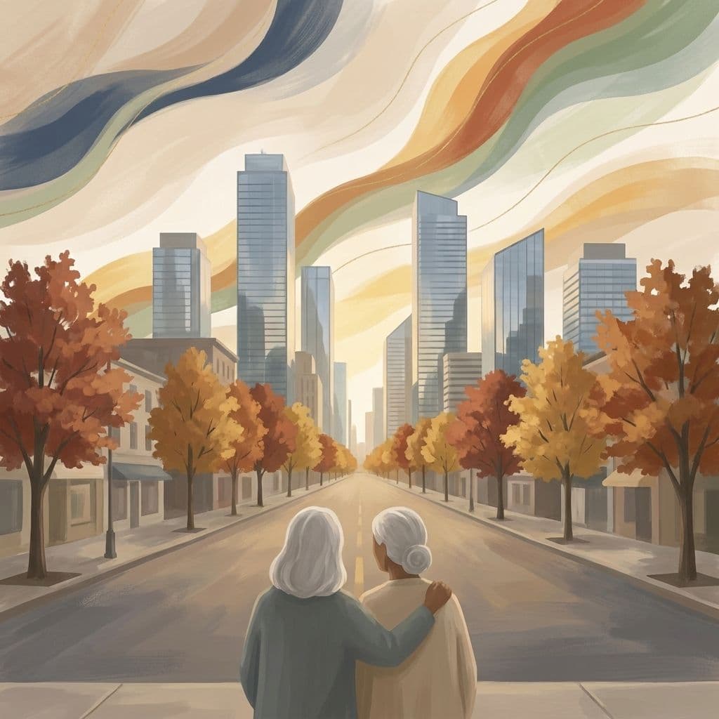 Stylized abstract illustration of the downtown North York skyline seen looking down Yonge Street — upright modern glass condo towers rising beyond an autumn tree-lined boulevard — in Cleo's painterly house style.