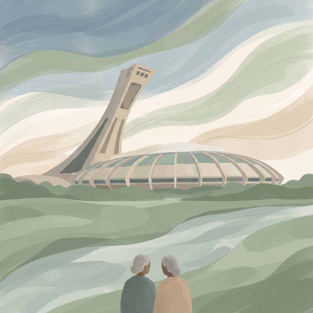 Stylized abstract illustration of Montreal's Olympic Stadium and its inclined tower at dawn, in Cleo's painterly house style.