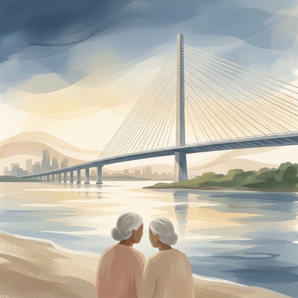 Stylized abstract illustration of the Samuel-De Champlain Bridge reaching Brossard's shore across the St. Lawrence River at dawn, in Cleo's painterly house style.