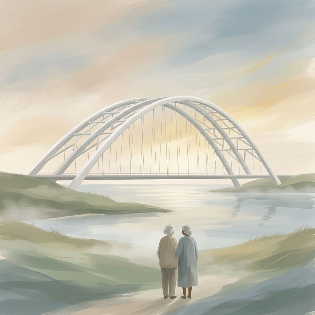 Stylized abstract illustration of the white twin arches of the Humber Bay Arch Bridge over the mouth of the Humber River on Etobicoke's Lake Ontario waterfront, in Cleo's painterly house style.