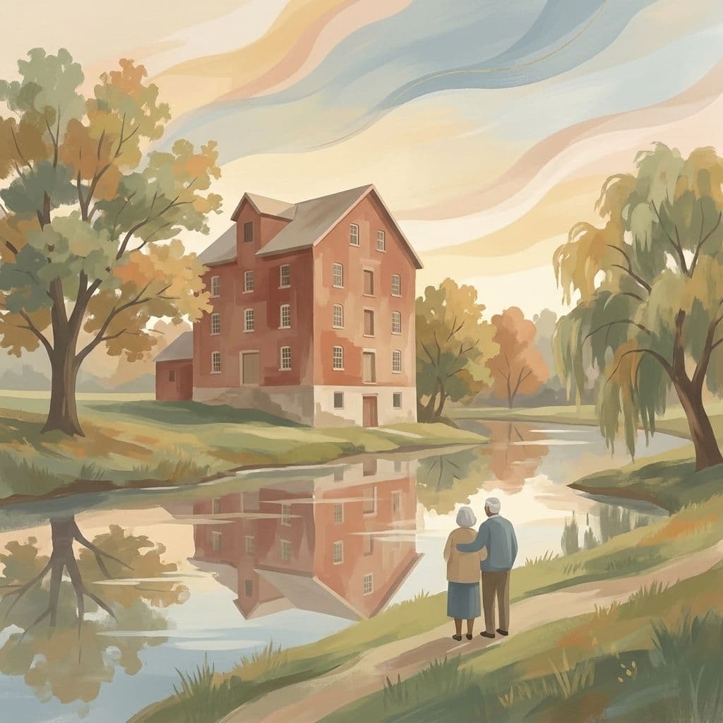 Stylized abstract illustration of the historic Cream of Barley Mill — now the Visual Arts Centre of Clarington — a four-storey red-brick mill on the banks of Soper Creek in Bowmanville, rendered in Cleo's painterly house style.