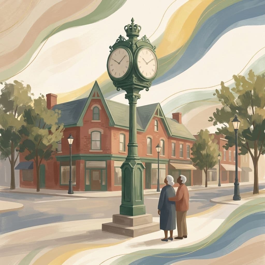 Stylized abstract illustration of the historic green four-faced street clock in downtown Oakville (Towne Square, Lakeshore Road), in Cleo's painterly house style.