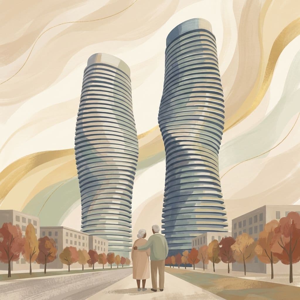Stylized abstract illustration of the curving Absolute World 'Marilyn Monroe' towers in Mississauga's City Centre, in Cleo's painterly house style.