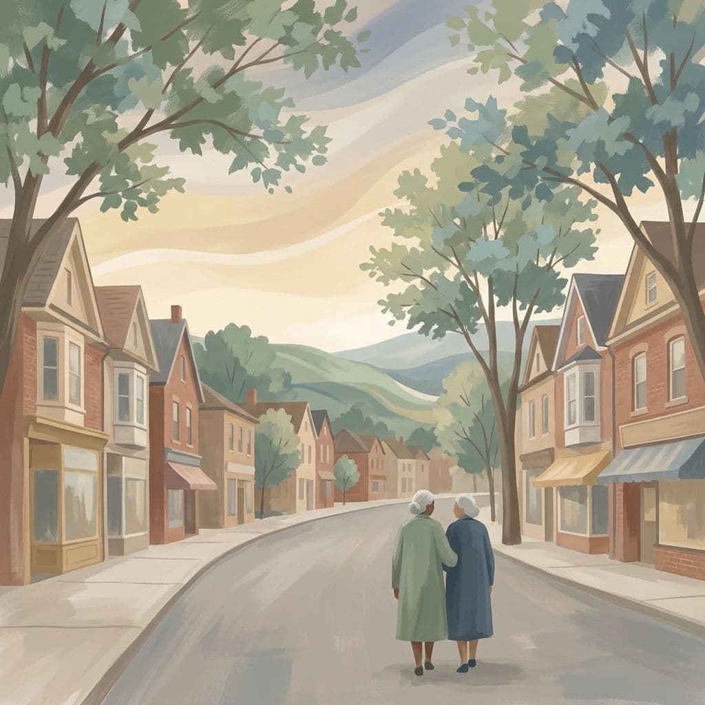Stylized abstract illustration of the historic Weston village streetscape on Weston Road in York — a tree-lined street of Victorian brick shopfronts and homes above the Humber River valley at dawn — in Cleo's painterly house style.