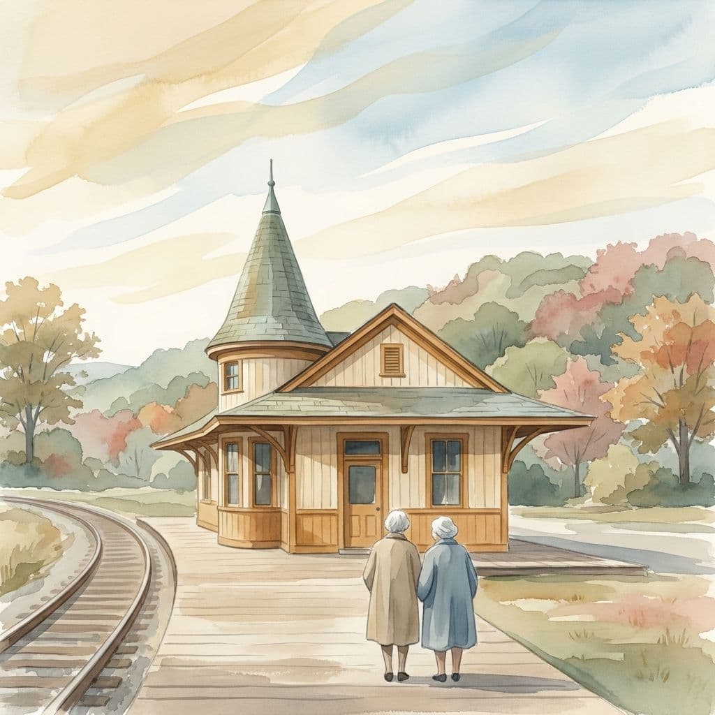 Illustration abstraite stylisée de la gare d'Uxbridge de 1904 — une petite gare patrimoniale coiffée d'une tourelle conique caractéristique — au bord de son quai sur la moraine d'Oak Ridges, dans le style pictural de Cleo.