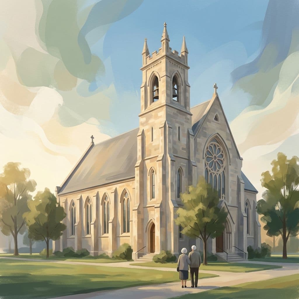 Illustration abstraite stylisée de l'ancienne église néogothique Saint-Paul — aujourd'hui le Musée des maîtres et artisans du Québec — dans le Vieux-Saint-Laurent, à Montréal, dans le style pictural maison de Cleo.