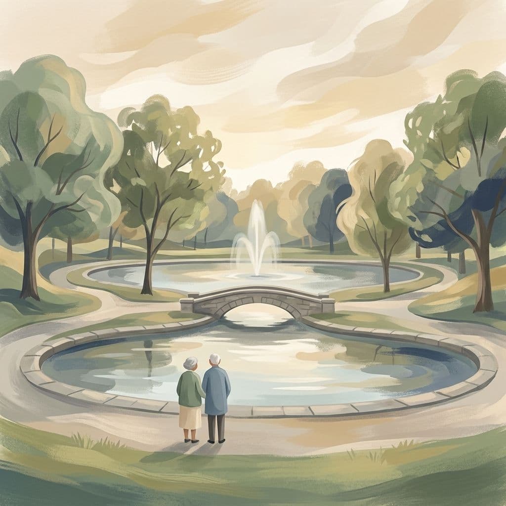Illustration abstraite stylisée du parc La Fontaine — son étang paisible, sa fontaine illuminée et ses sentiers bordés d'arbres au cœur du Plateau-Mont-Royal — dans le style pictural maison de Cleo.