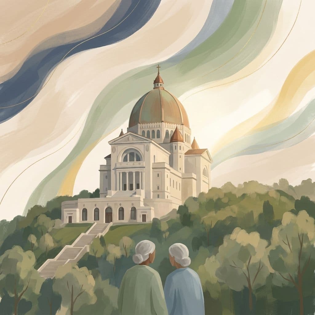 Stylized abstract illustration of Saint Joseph's Oratory — its great dome rising above the wooded slope of Mount Royal in Côte-des-Neiges — in Cleo's painterly house style.