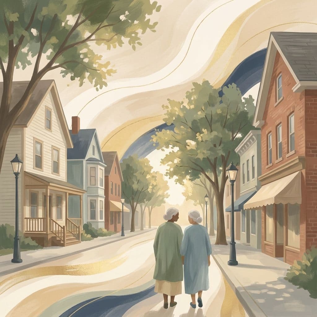 Illustration abstraite stylisée du quartier patrimonial du village de Pickering à Ajax — des devantures et des maisons centenaires le long du chemin Old Kingston bordé d'arbres — dans le style pictural de Cleo.