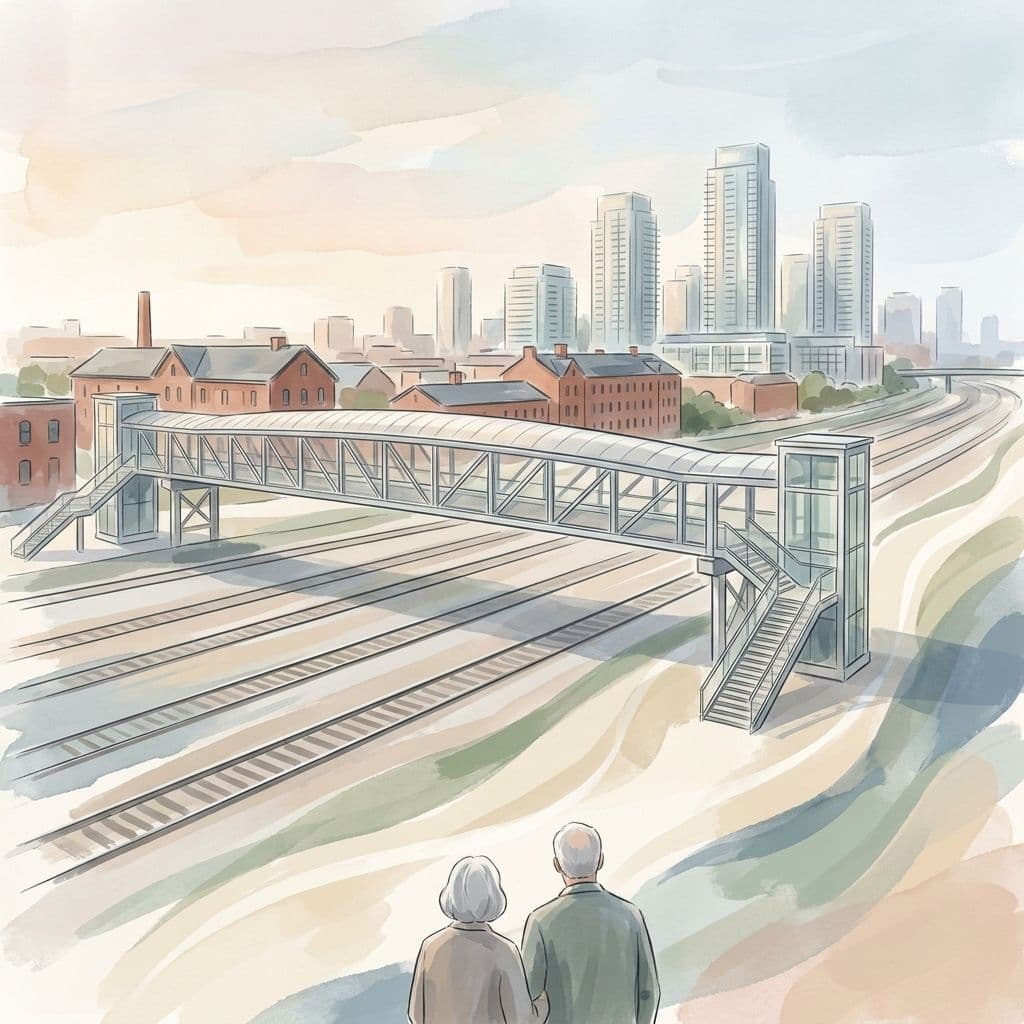 Stylized abstract illustration of the King-Liberty pedestrian bridge over the rail corridor in Liberty Village, in Cleo's painterly house style.