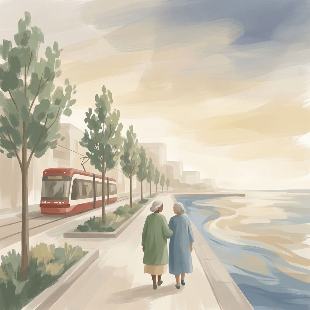 Illustration abstraite stylisée de la promenade riveraine bordée d'arbres de Queens Quay, sur le secteur Harbourfront de Toronto — un tramway riverain rouge et une allée de granit le long du lac Ontario — dans le style pictural maison de Cleo.