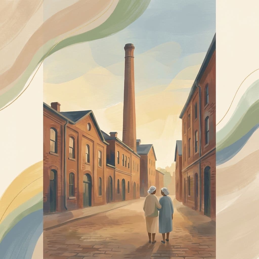 Illustration abstraite stylisée du Distillery District de Toronto — ses bâtiments industriels victoriens en brique rouge et sa haute cheminée de distillerie le long d'une rue piétonne pavée de briques — dans le style pictural de Cleo.