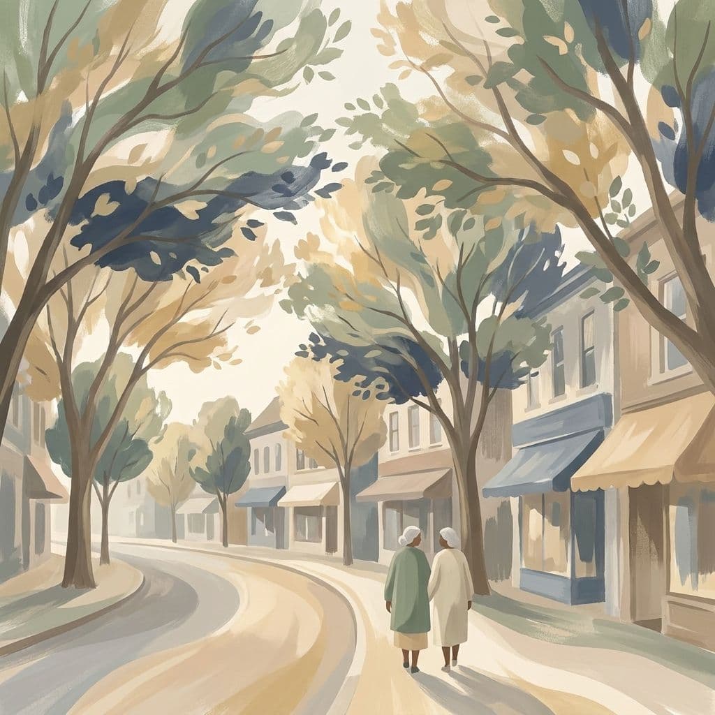Stylized abstract illustration of the Forest Hill Village shops along Spadina Road at Lonsdale Road, a leafy midtown Toronto high street, in Cleo's painterly house style.