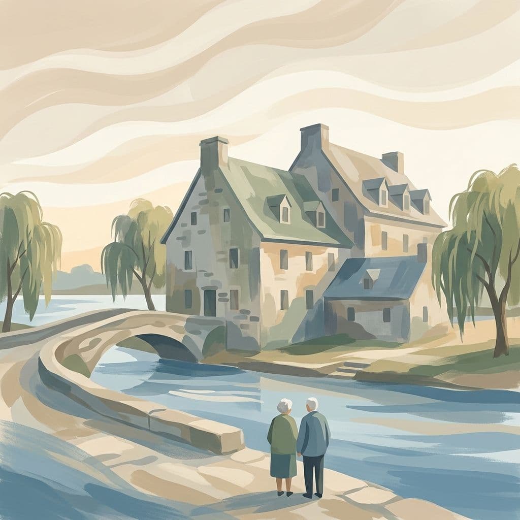 Stylized abstract illustration of the historic stone mills at Île-des-Moulins on the Rivière des Mille Îles in Vieux-Terrebonne, in Cleo's painterly house style.