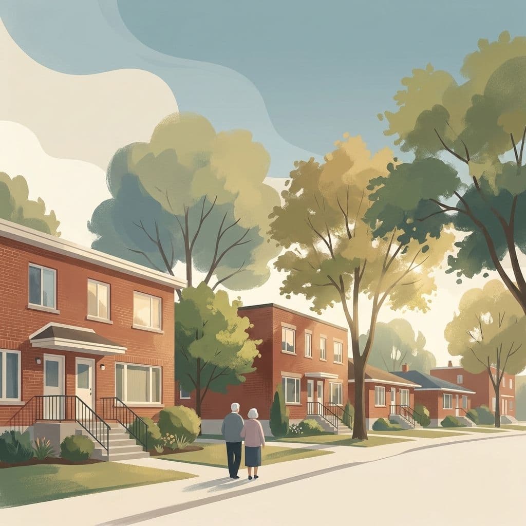 Illustration abstraite stylisée d'une rue résidentielle verdoyante de Saint-Léonard, à Montréal — ses maisons d'après-guerre en brique rouge bordées d'arbres — dans le style pictural chaleureux maison de Cleo.