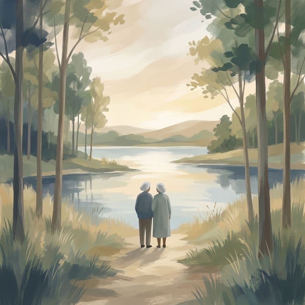 Stylized abstract illustration of a quiet wooded trail and calm pond at Parc du Domaine Vert in Blainville, framed by the Laurentian foothills in soft autumn light, in Cleo's painterly house style.