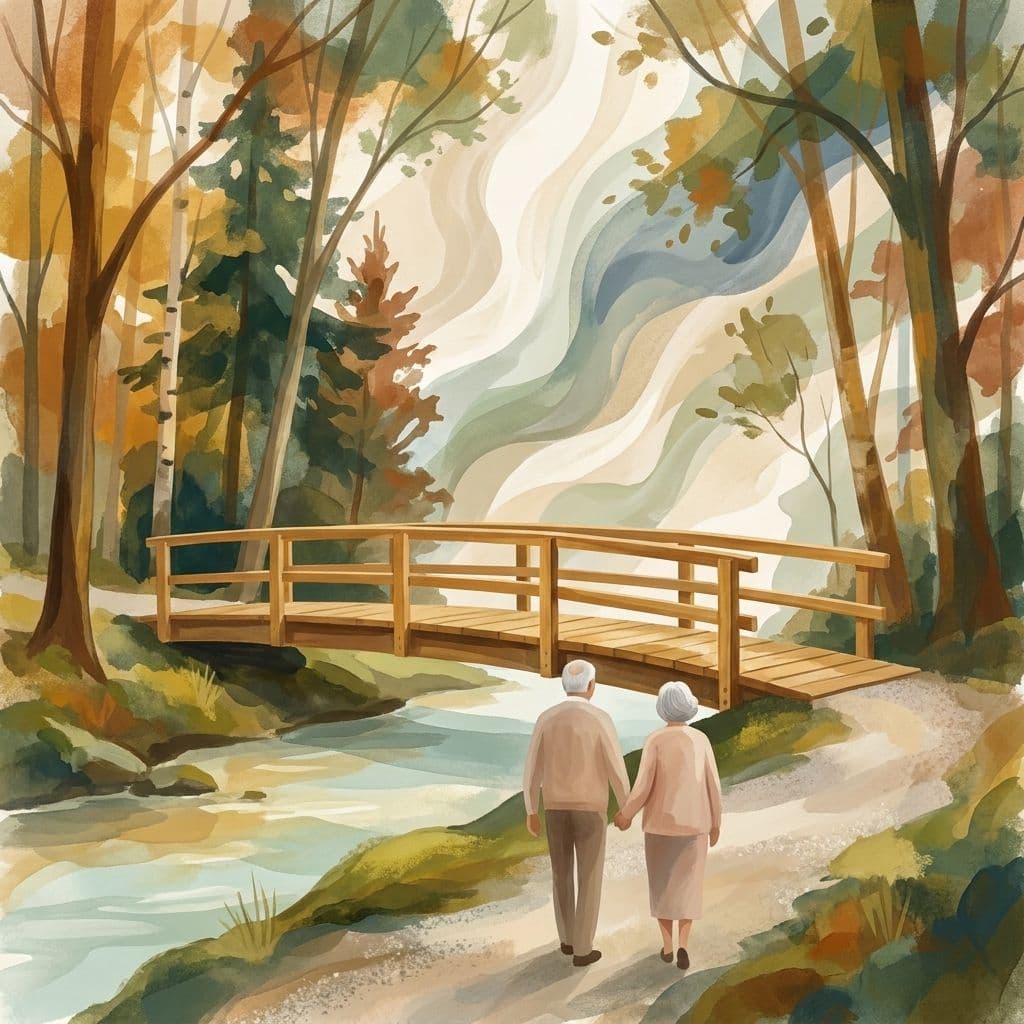 Illustration abstraite stylisée de la passerelle en bois du sentier Farewell Creek, au parc Tooley's Mill à Courtice — une simple passerelle piétonne de bois enjambant un ruisseau boisé et paisible — dans le style pictural de Cleo.