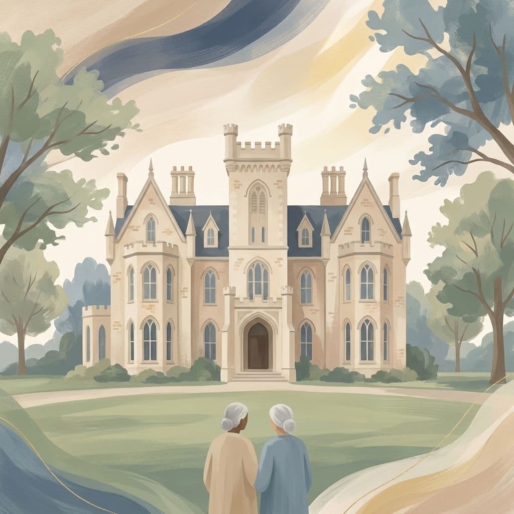 Illustration abstraite stylisée du château Trafalgar, au centre-ville de Whitby — un imposant édifice patrimonial en brique crème, avec une tour centrale et des tourelles à pignons parmi des arbres matures à l'heure dorée — dans le style pictural de Cleo.