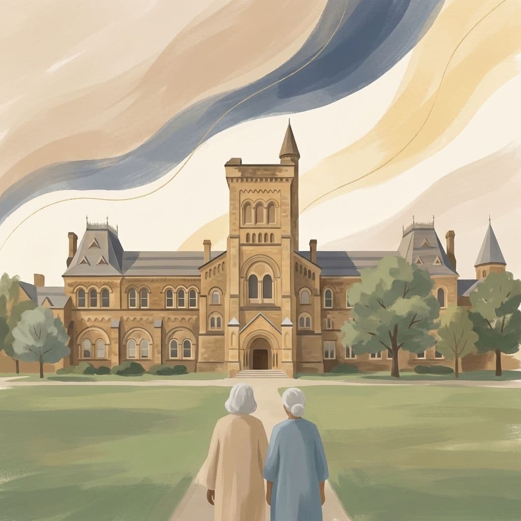 Stylized abstract illustration of University College at the University of Toronto, on the southern edge of the Annex, in Cleo's painterly house style.