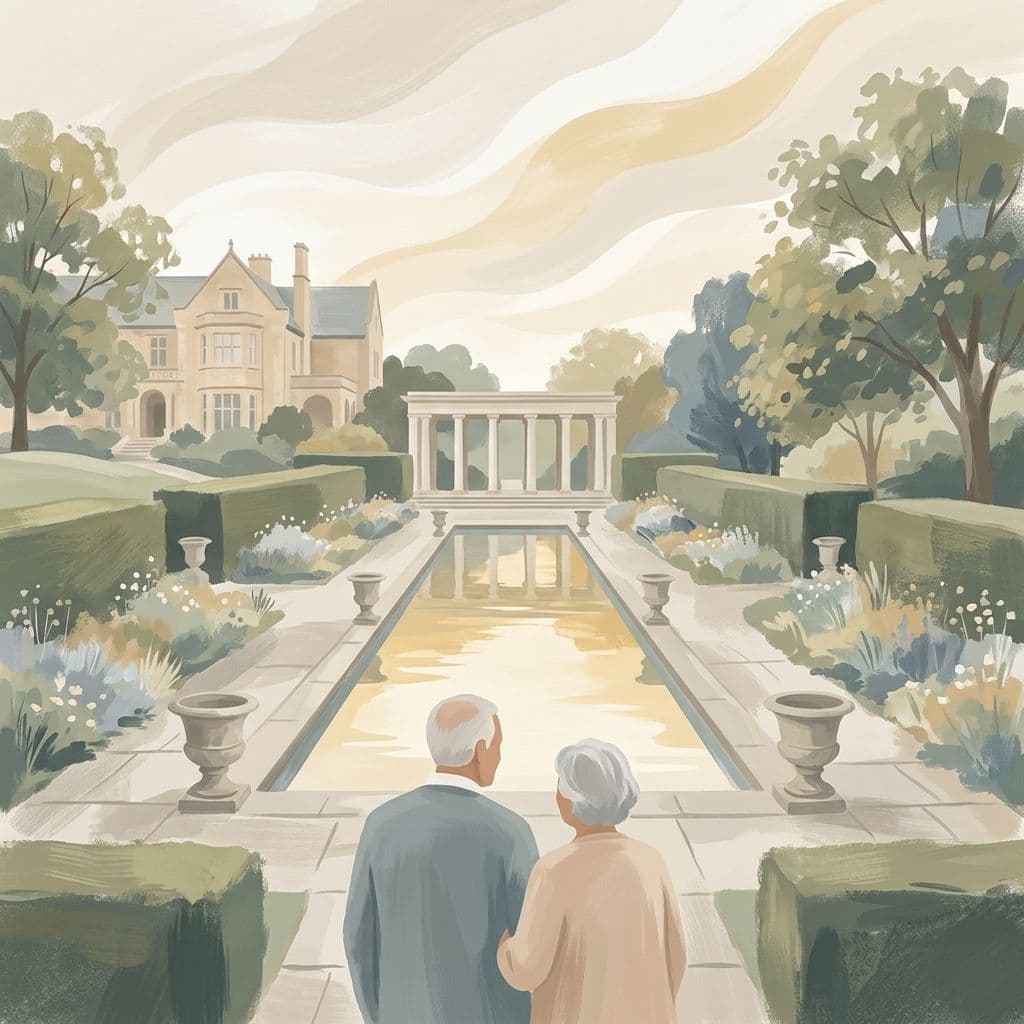 Illustration abstraite stylisée des jardins à la française et du manoir historique du domaine Parkwood à Oshawa, avec un long bassin réfléchissant menant à un pavillon de jardin à colonnade classique, dans le style pictural de Cleo.