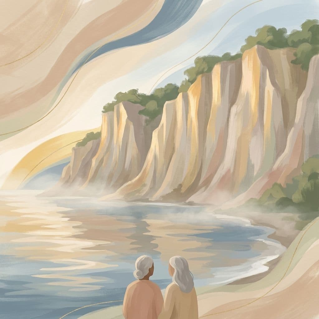 Stylized abstract illustration of the Scarborough Bluffs — the pale layered cliffs rising above Lake Ontario at Bluffer's Park — in Cleo's painterly house style.