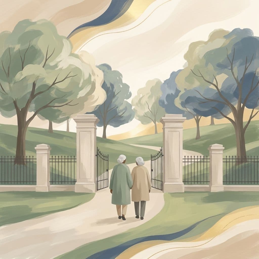 Stylized abstract illustration of the historic Trinity Bellwoods Park gates on Queen Street West, Toronto, in Cleo's painterly house style.