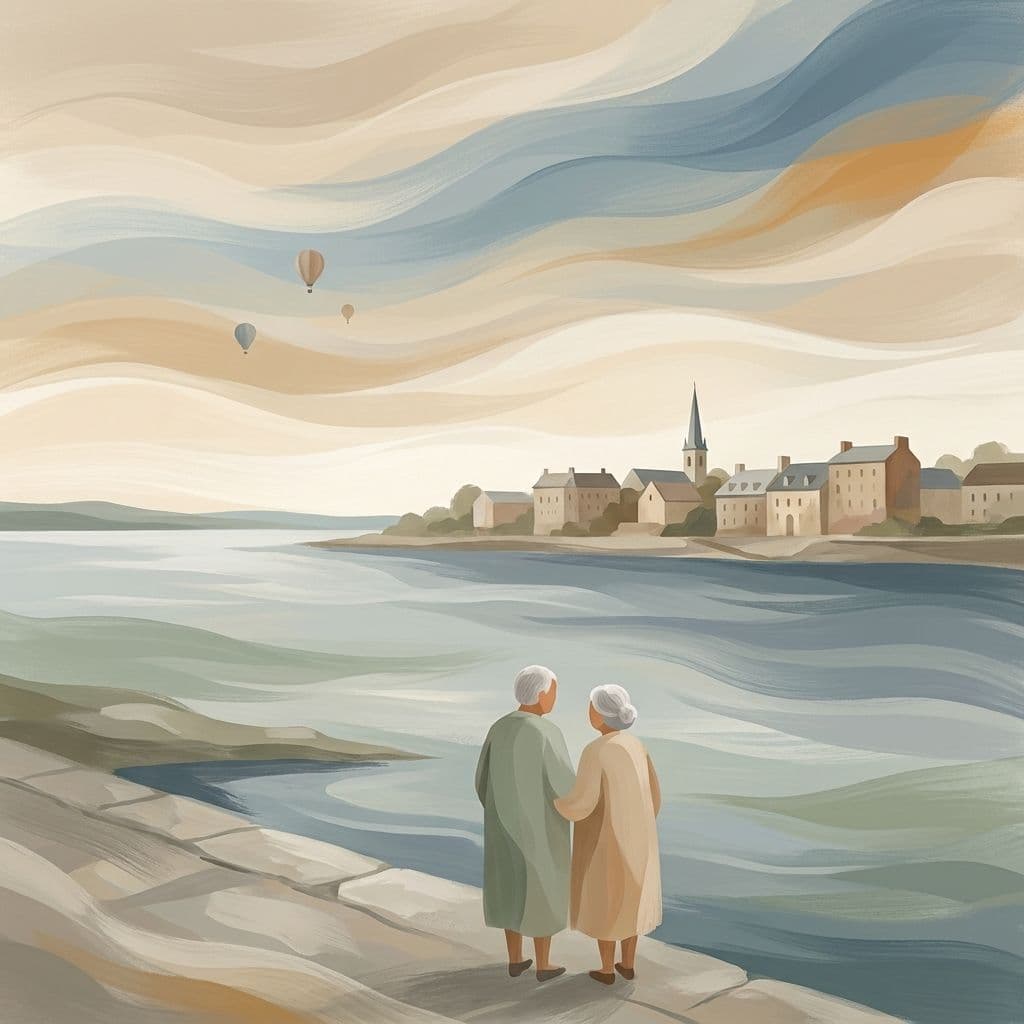 Stylized abstract illustration of the Richelieu River waterfront at Vieux-Saint-Jean, with hot-air balloons drifting at dawn over Saint-Jean-sur-Richelieu, in Cleo's painterly house style.