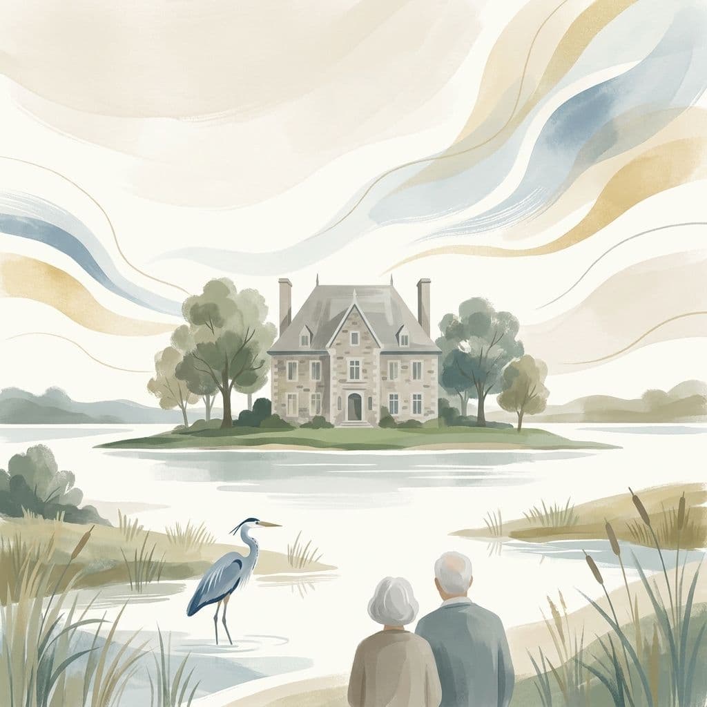 Illustration abstraite et stylisée du manoir D'Youville en pierre grise sur l'île Saint-Bernard, là où la rivière Châteauguay rejoint le lac Saint-Louis, avec un grand héron dans l'eau calme, dans le style pictural de Cleo.