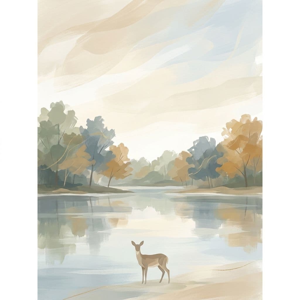 Illustration abstraite et stylisée du parc Michel-Chartrand à Longueuil — lacs paisibles, ligne d'arbres automnale douce et un chevreuil tranquille — dans le style pictural de Cleo.