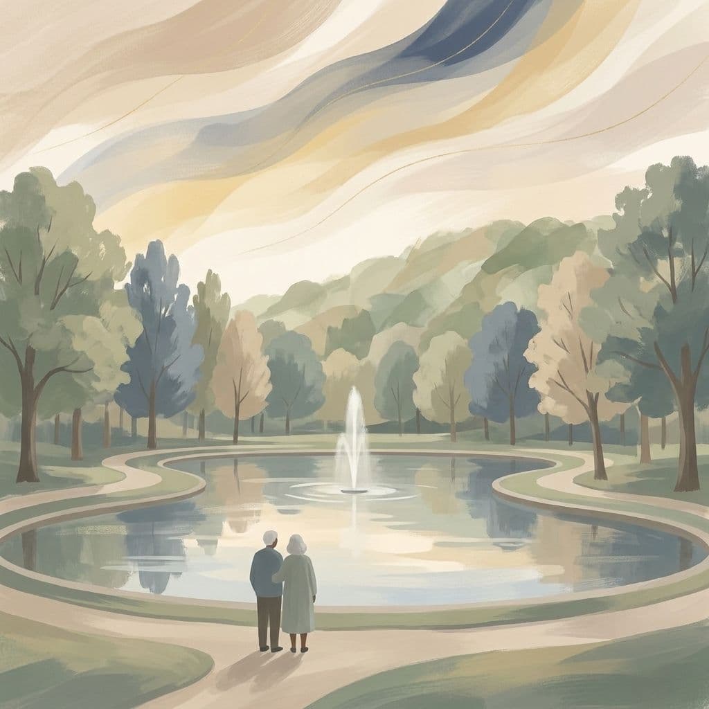 Stylized abstract illustration of Parc Outremont — its ornamental pond and fountain framed by mature trees on the slope of Mount Royal — in Cleo's painterly house style.