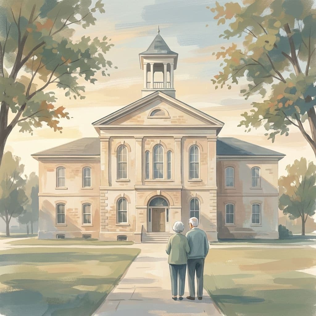 Stylized abstract illustration of the 1863 Victoria County Court House in Lindsay, Ontario — the buff-brick civic building with its square rooftop cupola, now Kawartha Lakes City Hall — rendered in Cleo's painterly house style.