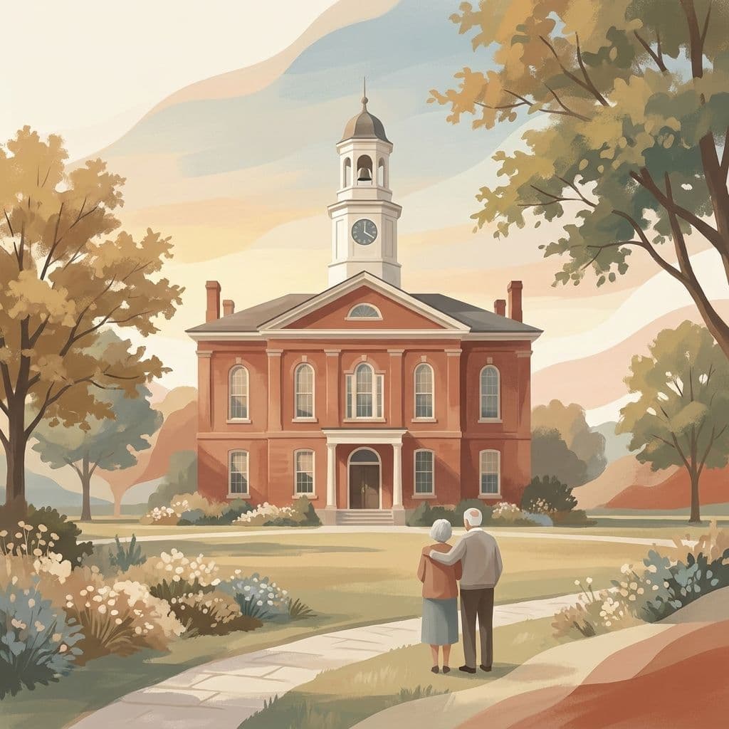 Stylized abstract illustration of Port Hope Town Hall — the historic red-brick civic building on Queen Street with its octagonal clock-and-bell cupola, set among lawns and mature trees — rendered in Cleo's painterly house style.